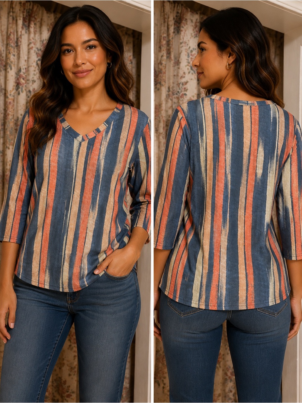 Striped V-Neck Long Sleeve Tee in Blue and Rust